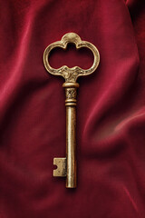 A vintage golden key on rich burgundy silk, symbolizing the unlocking of one's heart or the secret to everlasting love.