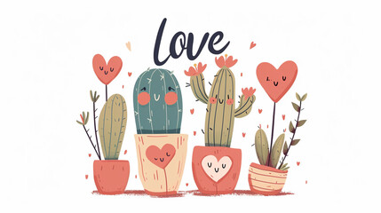 A cute cactus couple with tiny heart flowers, "Love" blooming, Valentine's Day, flat illustration, white background, with copy space