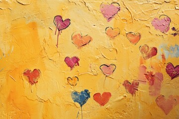 A warm yellow background adorned with whimsical painted hearts in various shades and textures.