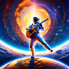 Naklejka premium Joyful astronaut in space strums a guitar. A heartwarming moment of celestial serenity and musical bliss in the cosmic solitude.