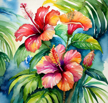 Capture the essence of a tropical paradise by painting watercolor hibiscus flowers in bold