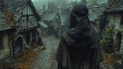 Fototapeta na wymiar Mysterious medieval girl with a cloak in a dark and haunted scene