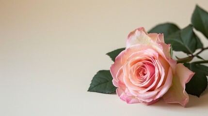 A banner with a single pink rose with delicate petals laid diagonally across a soft beige background.