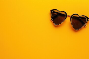 A background with copy space and a heart-shaped sunglasses on a bright yellow background, positioned to the right.