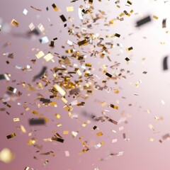 Light pink background with floating golden confetti, creating a festive and glamorous atmosphere.