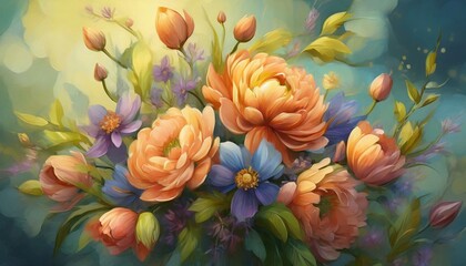 Illustration of beautiful spring flowers. Cute bouquet on dark background.