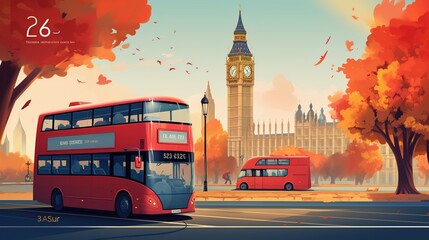 There is a red double decker bus driving down the street generative ai
