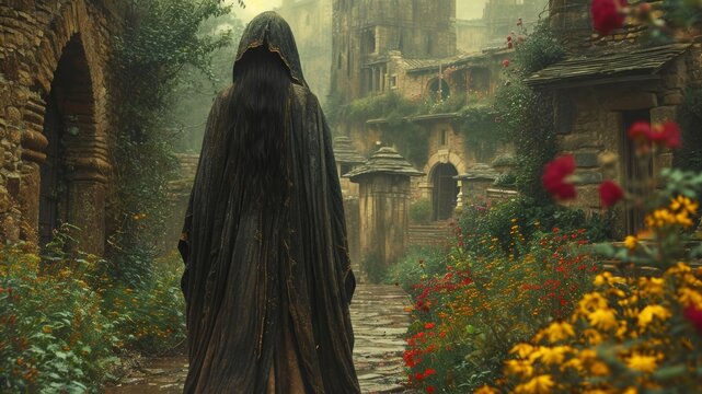 Mysterious medieval girl with a cloak in a dark and haunted scene