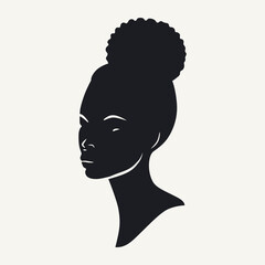 Black and white vector illustration of a beautiful African American woman in profile.