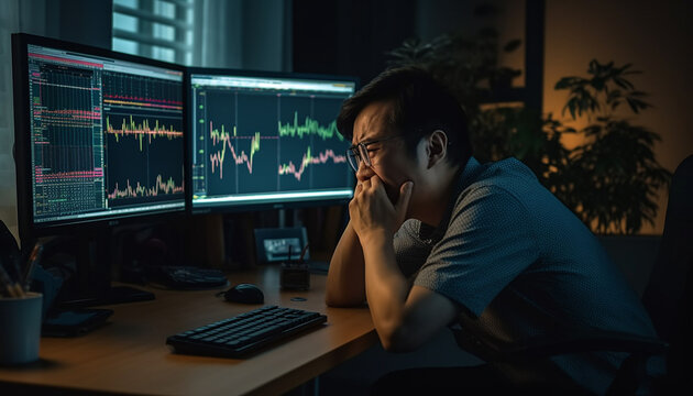 Intraday trader angry over loss in stock market investment while trading - concept showing risk of investing in cryptocurrency and millennial people losing in equities