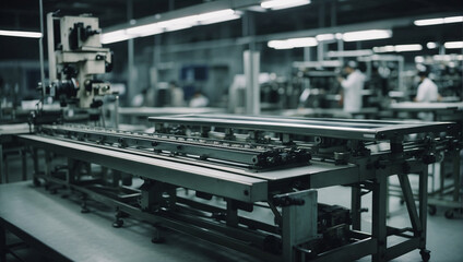 Fototapeta premium In production in china. workers at an electronics factory. production line of a chinese factory. assembly plant workers in the background. workshop for the production of chinese electronics