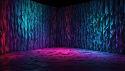 Empty sci-fi style room, shiny blue walls, purple led lights - obrazy, fototapety, plakaty