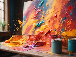 Splashes of bright paint on the canvas design. Interior painting. Beautiful background design.