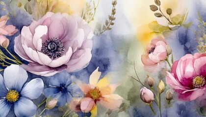 Illustration of cute spring flowers. Beautiful floral composition. Watercolor painting. - obrazy, fototapety, plakaty
