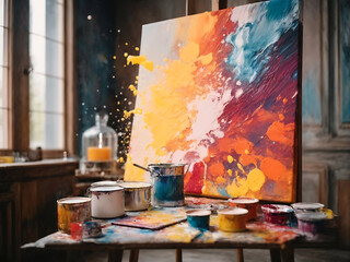 Splashes of bright paint on the canvas design. Interior painting. Beautiful background design.