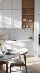 Dive into the immersive world of a flawlessly designed white kitchen, where 3D rendering meets the warmth of natural wood decorations.