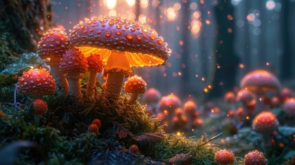 Fototapeta na wymiar A Magical Mushroom fantasy Wonderland, fantasy mushroom home background, fantasy, poster, wallart, background, generative ai