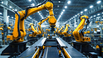 Automotive Factory Production Line: Industrial Robots and Machinery in Car Manufacture - obrazy, fototapety, plakaty