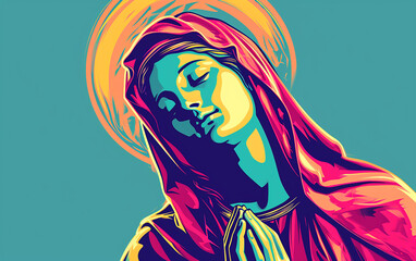 Virgem Maria mãe de jesus, design de adesivo, arte, criativo, cores fortes, fundo de cor sólida,