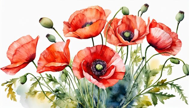 Watercolor illustration of red poppy flowers. Bouquet isolated on white.
