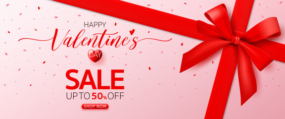3D Happy valentine’s day banner template. special discount promotion sale offer with red ribbon, pink background for valentine online shop, store, advertising card, love, social media post, wallpaper - obrazy, fototapety, plakaty
