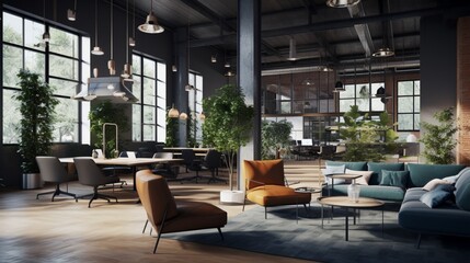 A captivating digital isolated office background with a comfortable cafe area within the office, complete with coffee machines, lounge seating, and a relaxed and social space for employees