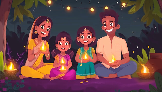 Indian family rejoice and celebrate fire festivals