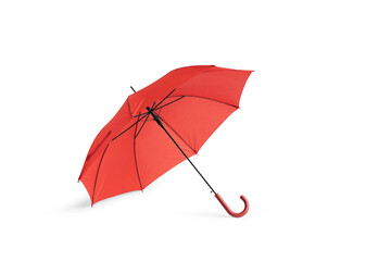 Opened umbrella isolated on white background with clipping path. Umbrella with handle for mock up. copy space, design template for mock-up, branding, advertise etc. Studio Photography shoot
