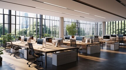 A high-definition digital representation of a modern open-plan office with rows of desks, ergonomic chairs, and large windows providing plenty of natural light,