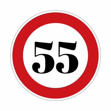 55 kmph or mph speed limit sign icon. Road side speed indicator safety element. Fifty five speed sign flat isolated on white background 