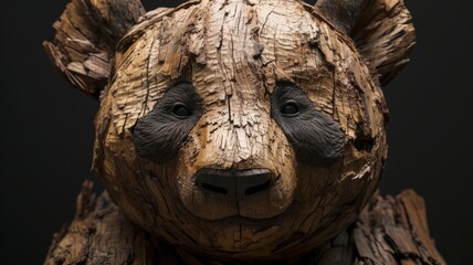 A panda sculpture carved from wood. Wooden art object of an animal with many age cracks in the wood