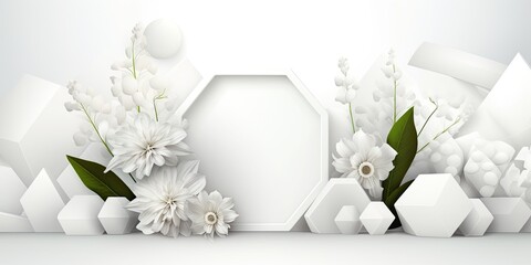 Geometric forms on white background, with flowers. Presentation of product, mock-up, cosmetic display.