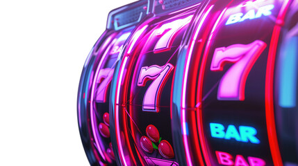 neon casino slots machine with glowing lucky number 7