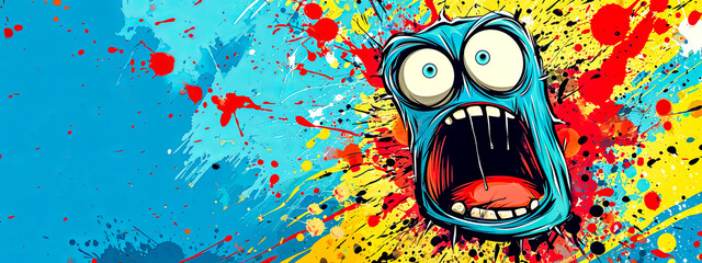 A quirky, shocked cartoon face with wide eyes and an open mouth, set against an explosive backdrop of bright paint splatters.