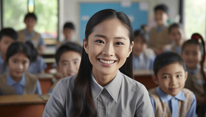Portrait of smiling female asian teacher in a class at elementary school looking at camera with learning students on background - obrazy, fototapety, plakaty
