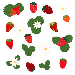 Bunch of red yummy vibrant strawberries with green strawberry leaves and white strawberry flowers. Fun 2D illustrations.