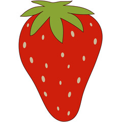 Red yummy delicious vibrant strawberry with a green stem leaf on a white background. Fun 2D illustrations image.