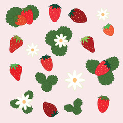 Bunch of red yummy vibrant strawberries with green strawberry leaves and white strawberry flowers. Fun 2D illustrations.