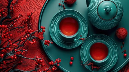 Chinese tea set made of traditional shapes and colors. Wonderful red and tea blue glass tea set. - obrazy, fototapety, plakaty