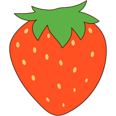 Red yummy delicious vibrant strawberry with a green stem leaf on a white background. Fun 2D illustrations image.