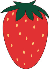 Red yummy delicious vibrant strawberry with a green stem leaf on a white background. Fun 2D illustrations vector image.