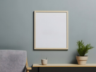 3D modern interior with blank poster frame mockup in the wall