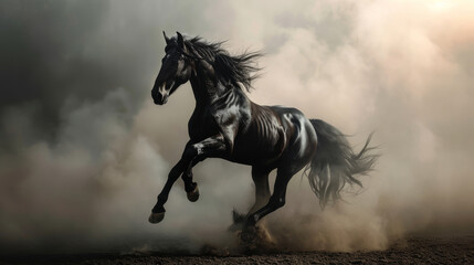 A black stallion rearing in a dramatic misty backdrop, smoke, embodying equine power, epic light