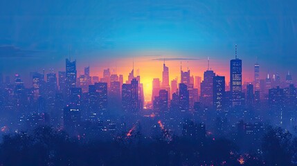 sunrise over the city, blue sky and city, City Sky Scrapers with blue and bright skies Vector silhouette generative AI	 - obrazy, fototapety, plakaty