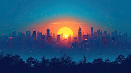 Fototapeta premium sunrise over the city, blue sky and city, City Sky Scrapers with blue and bright skies Vector silhouette generative AI 