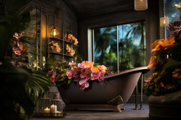 Fototapeta na wymiar Vintage bathtub decoration with flowers and candles in dark room.
