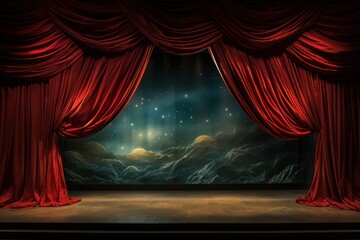 Theater stage with red curtains and sky background.  Space for text 