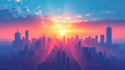 sunrise over the city, blue sky and city, City Sky Scrapers with blue and bright skies Vector silhouette generative AI	
