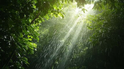 Dense tropical forest during a light rain shower, sunbeams piercing through the canopy, illuminating the wet leaves, calm and soothing environment
