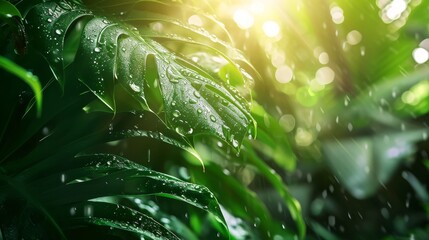 Raindrops cling to vibrant green leaves, sunbeams casting a luminous glow on the wet foliage